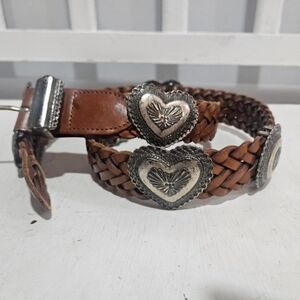 Vtg '91 Brighton Braided Leather Belt With Silver Tone Concho Accents, Lrg 34"